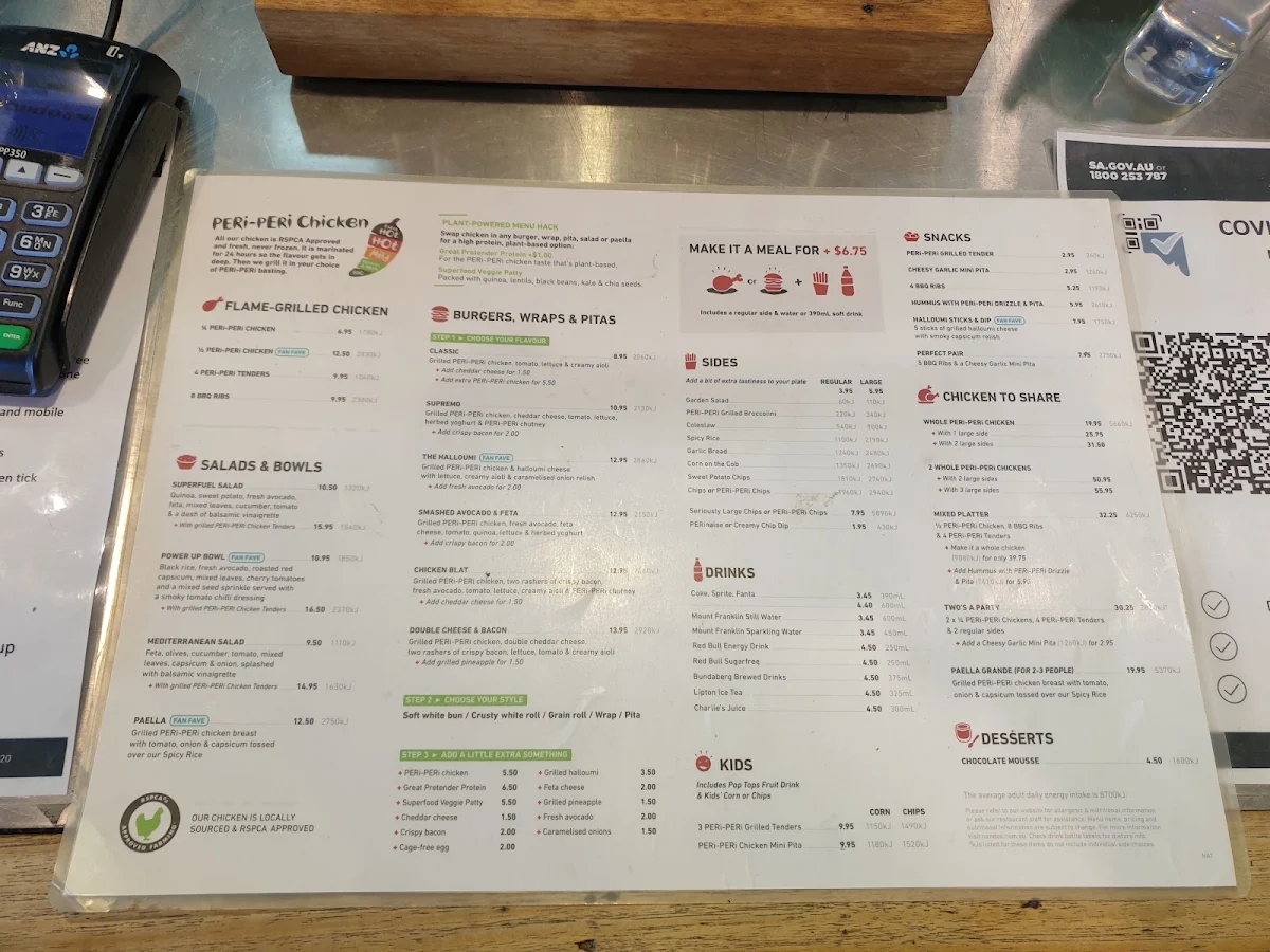 Menu, Nando's Mawson Lakes