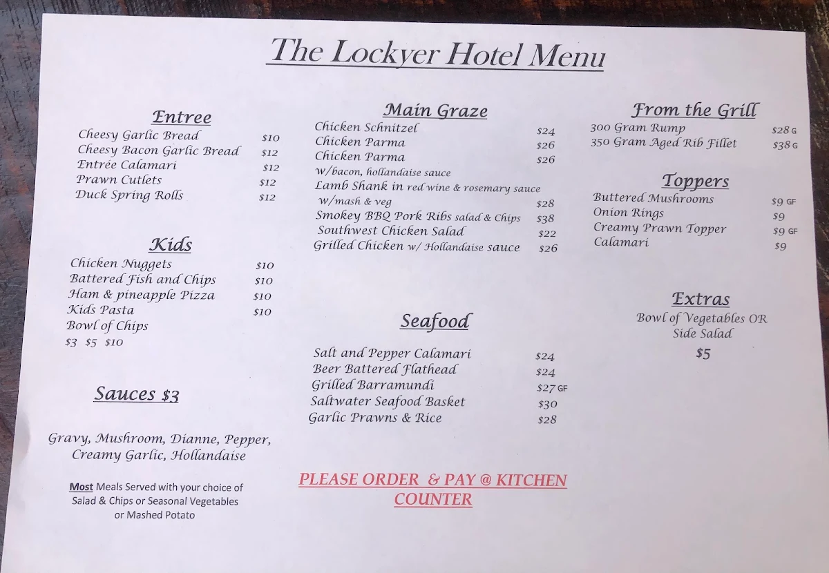 Menu, Lockyer Hotel