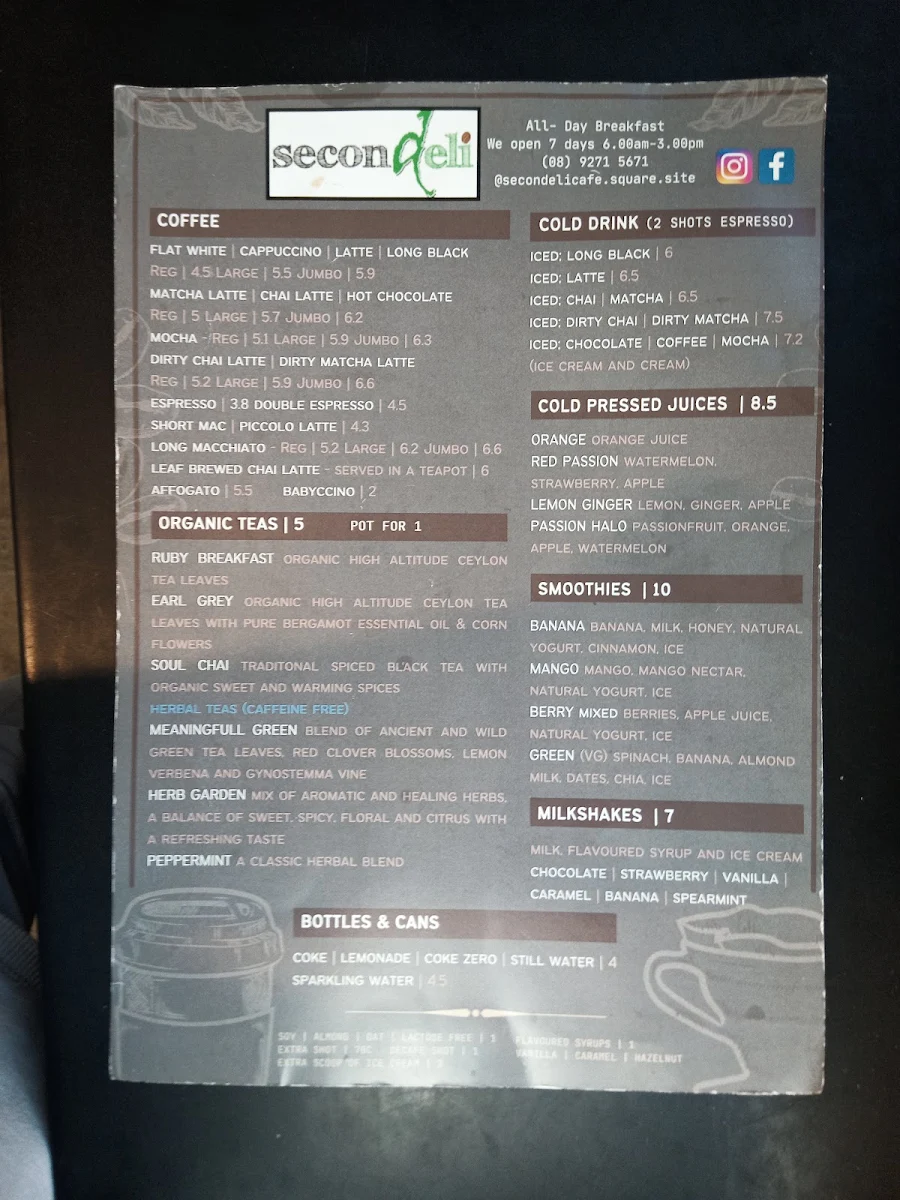 Menu, Secondeli Cafe