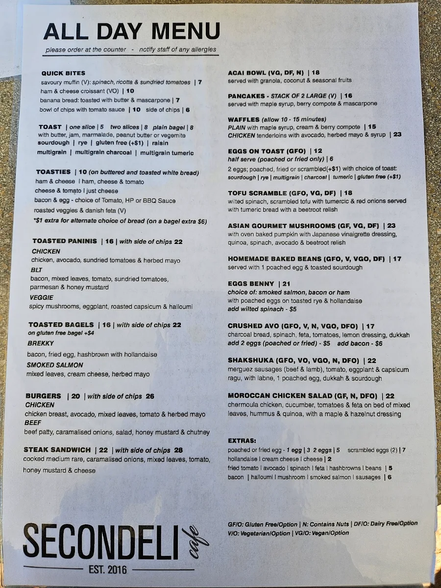 Menu, Secondeli Cafe