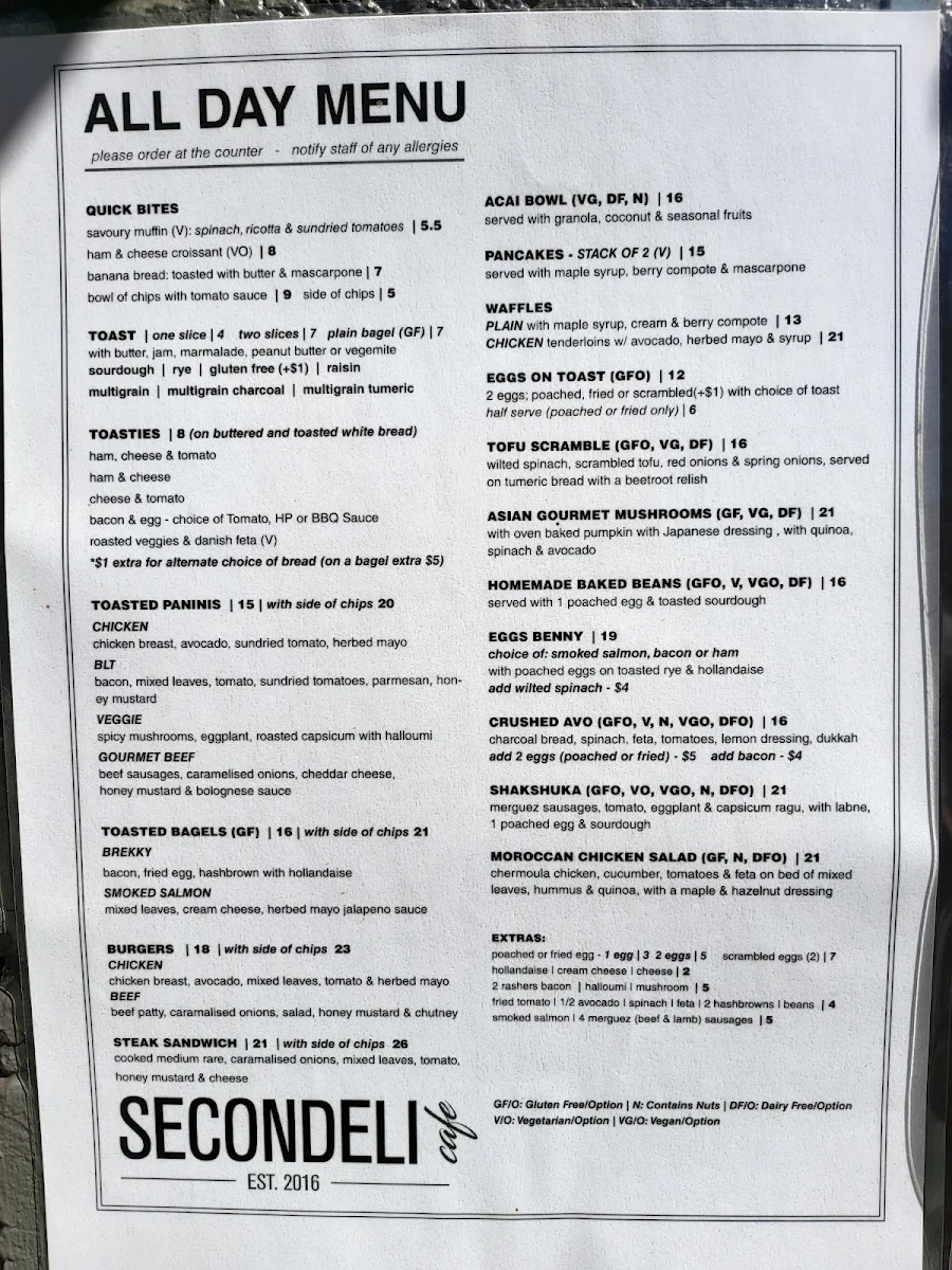 Menu, Secondeli Cafe