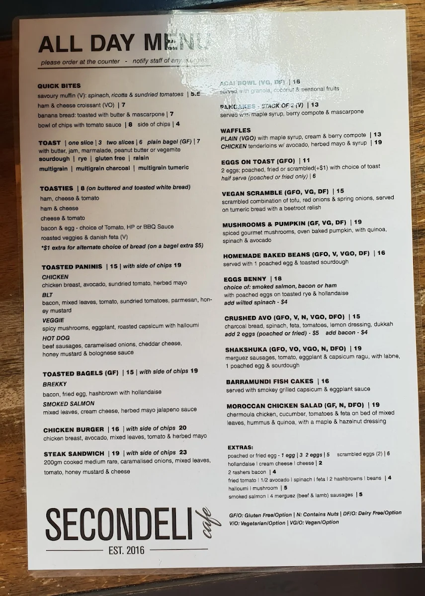 Menu, Secondeli Cafe