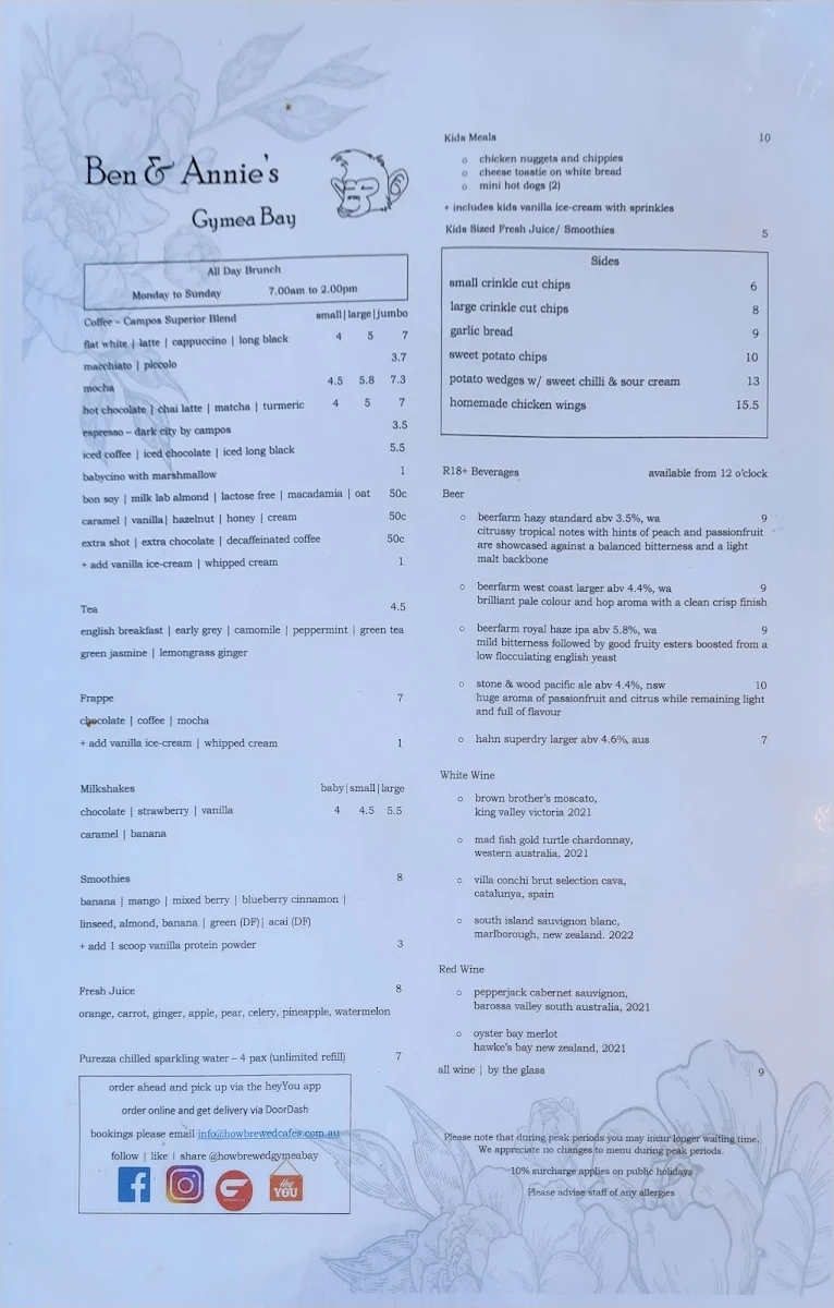 Menu, Ben & Annie’s
