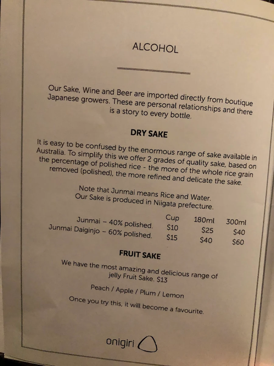 Menu, Onigiri Kitchen & Sake Bar