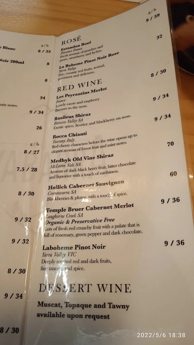 Menu, The Byabarra Café & Bar