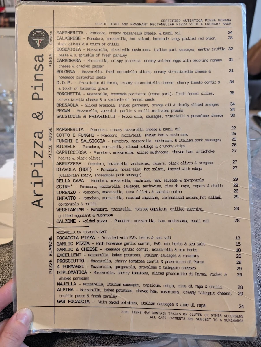 Menu, AriPizza e Pinsa