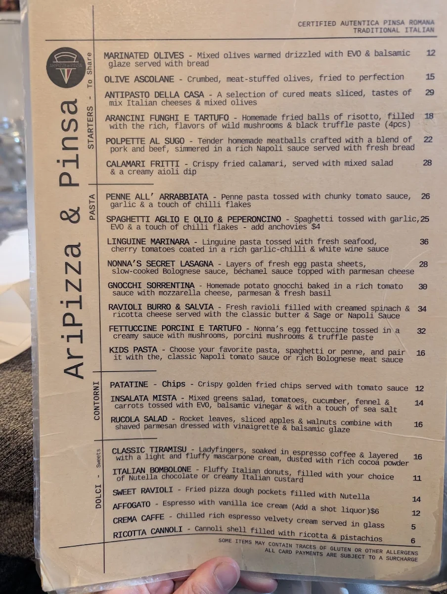 Menu, AriPizza e Pinsa