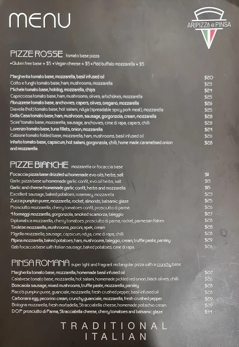 Menu, AriPizza e Pinsa