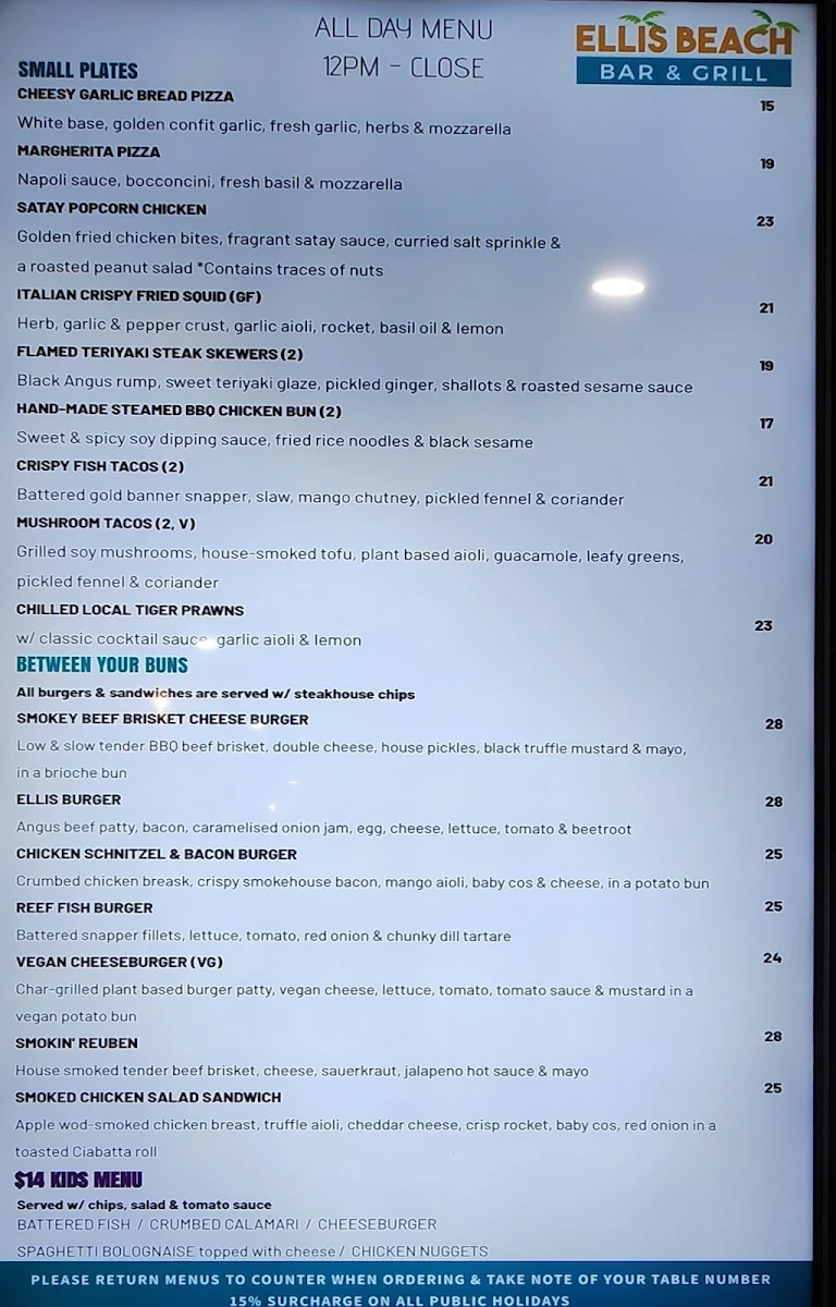 Menu, Ellis Beach Bar & Grill