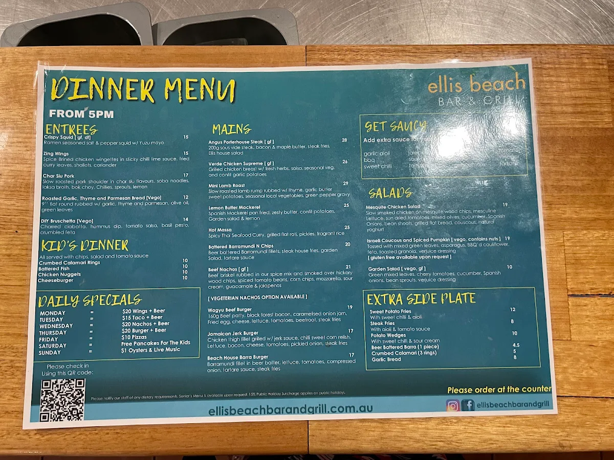 Menu, Ellis Beach Bar & Grill