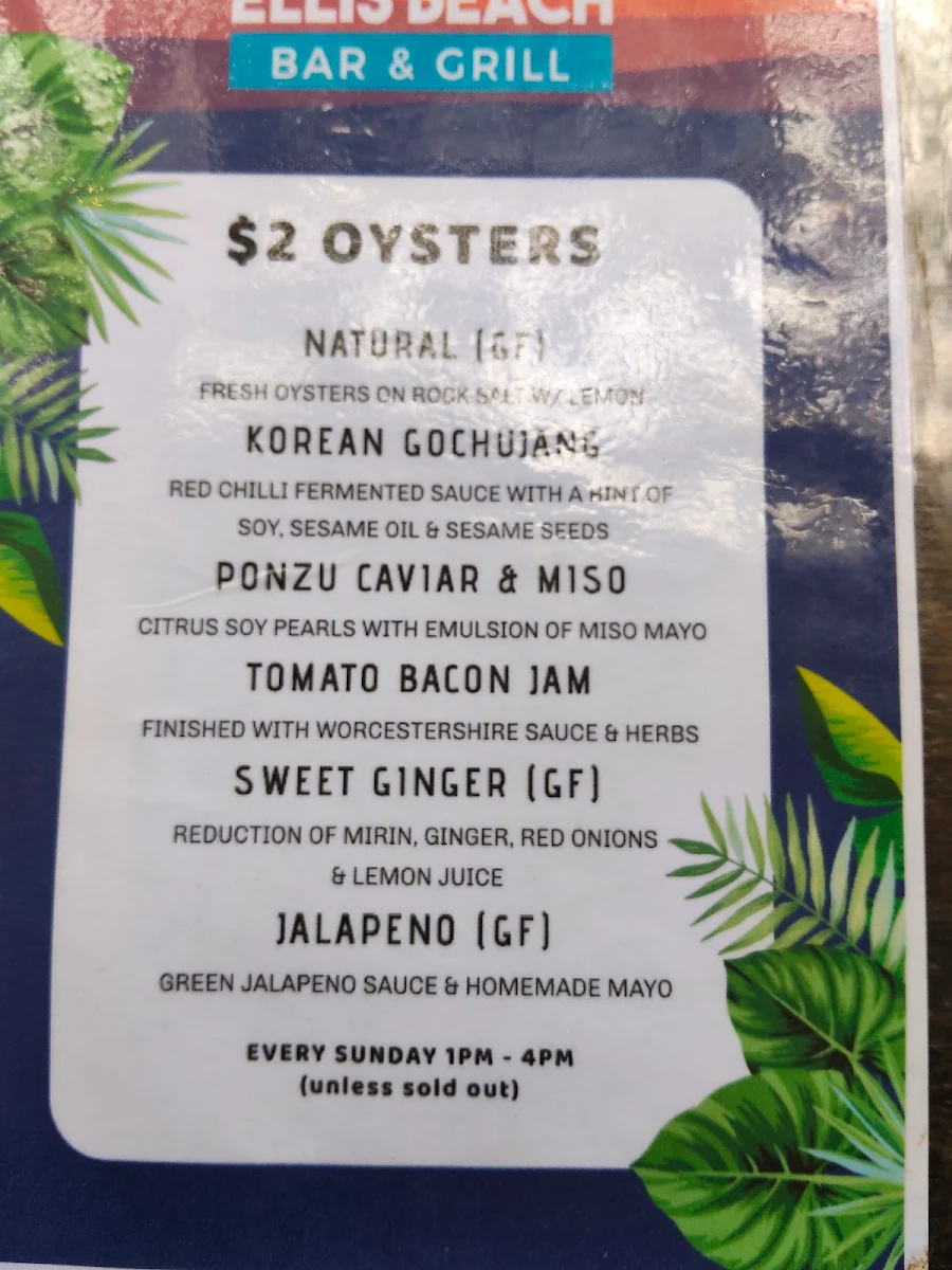 Menu, Ellis Beach Bar & Grill