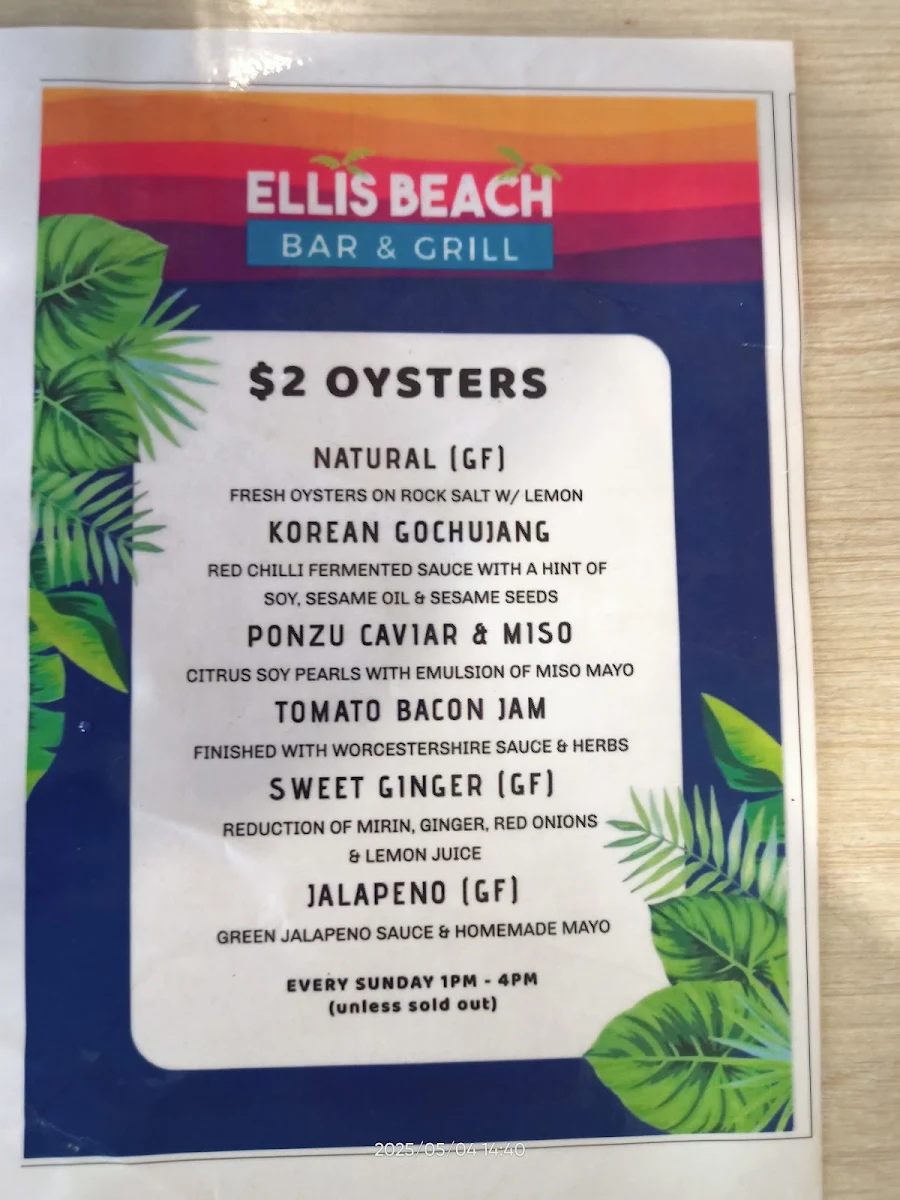 Menu, Ellis Beach Bar & Grill
