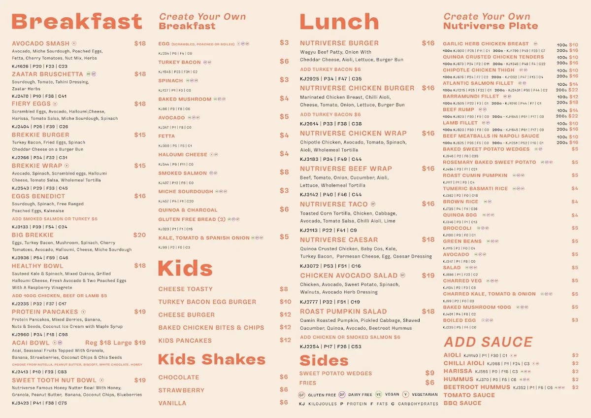 Menu, Nutriverse Gregory Hills