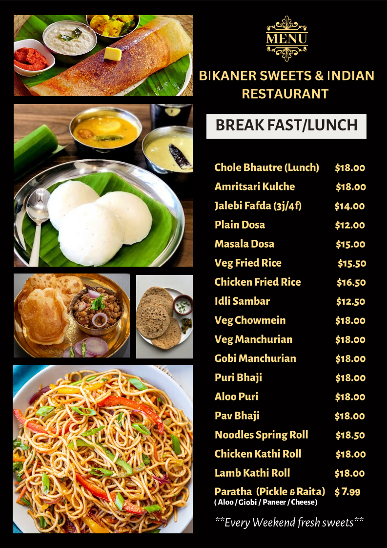 Menu, Bikaner Sweets & Indian Restaurant