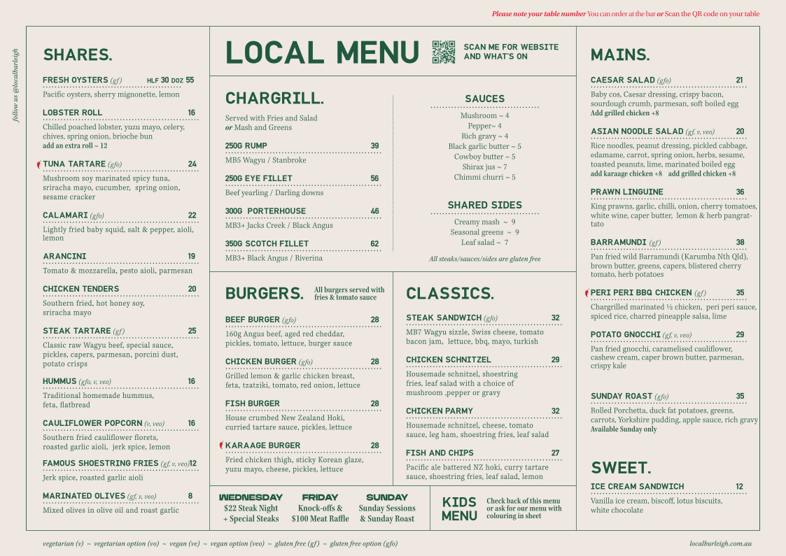 Menu, Local Burleigh