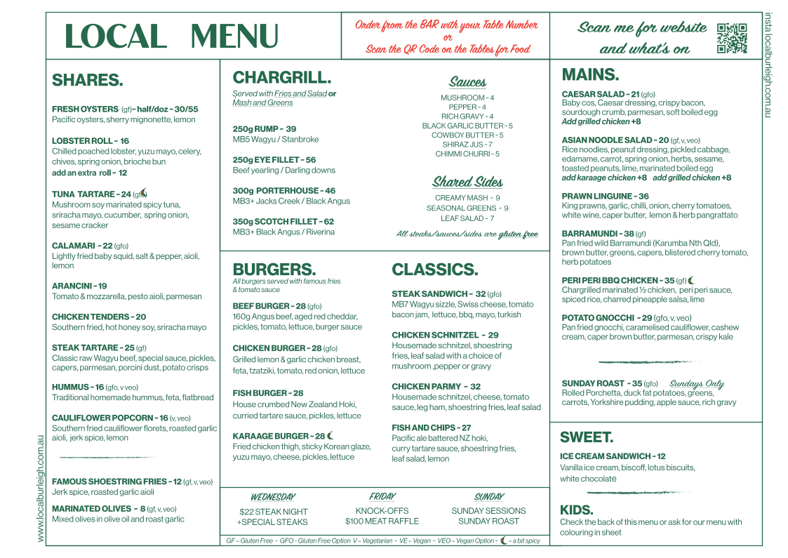 Menu, Local Burleigh
