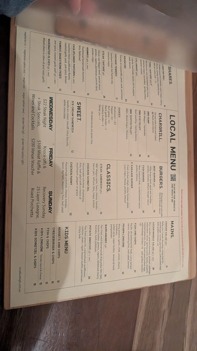 Menu, Local Burleigh