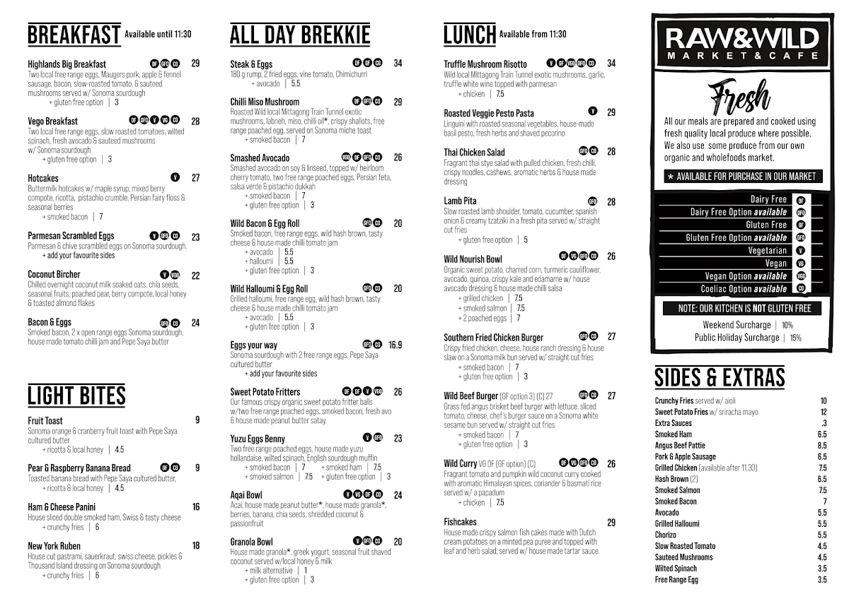 Menu, RAW & WILD Market & Cafe