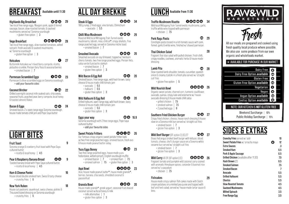 Menu, RAW & WILD Market & Cafe