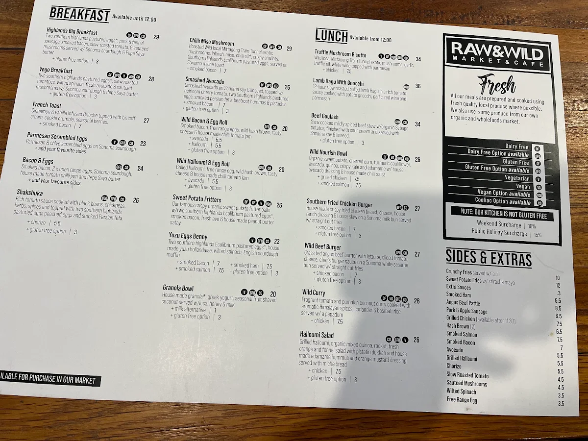 Menu, RAW & WILD Market & Cafe