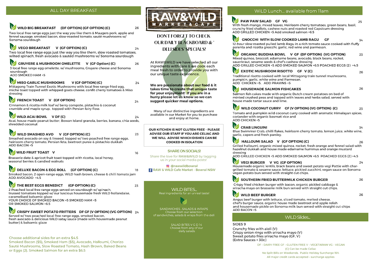 Menu, RAW & WILD Market & Cafe