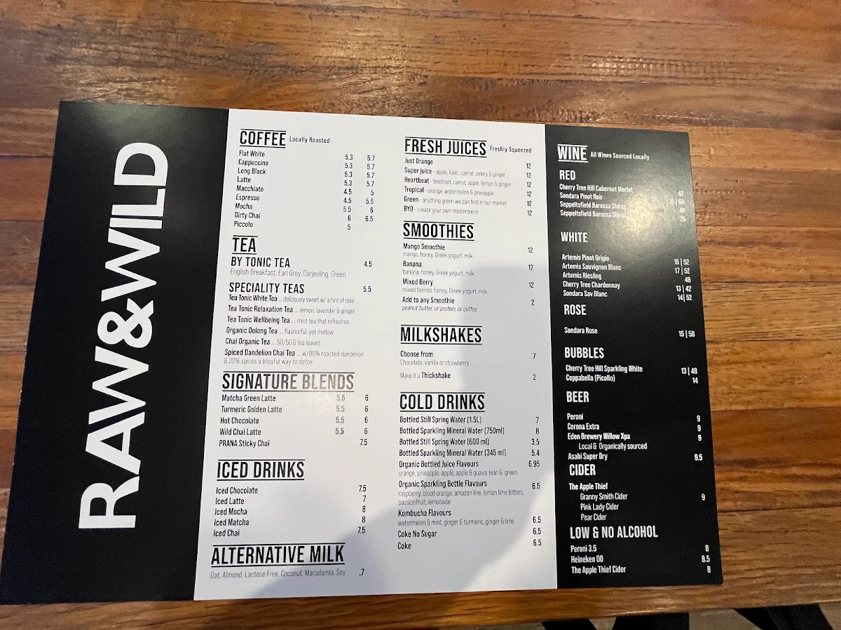 Menu, RAW & WILD Market & Cafe