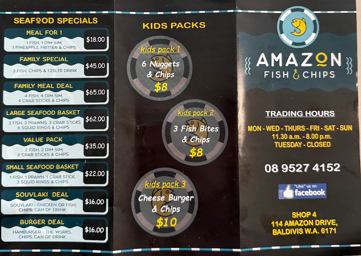 Menu, Amazon Fish and Chips
