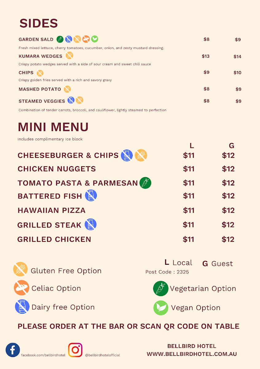 Menu, Bellbird Hotel