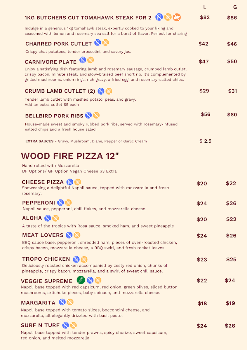 Menu, Bellbird Hotel