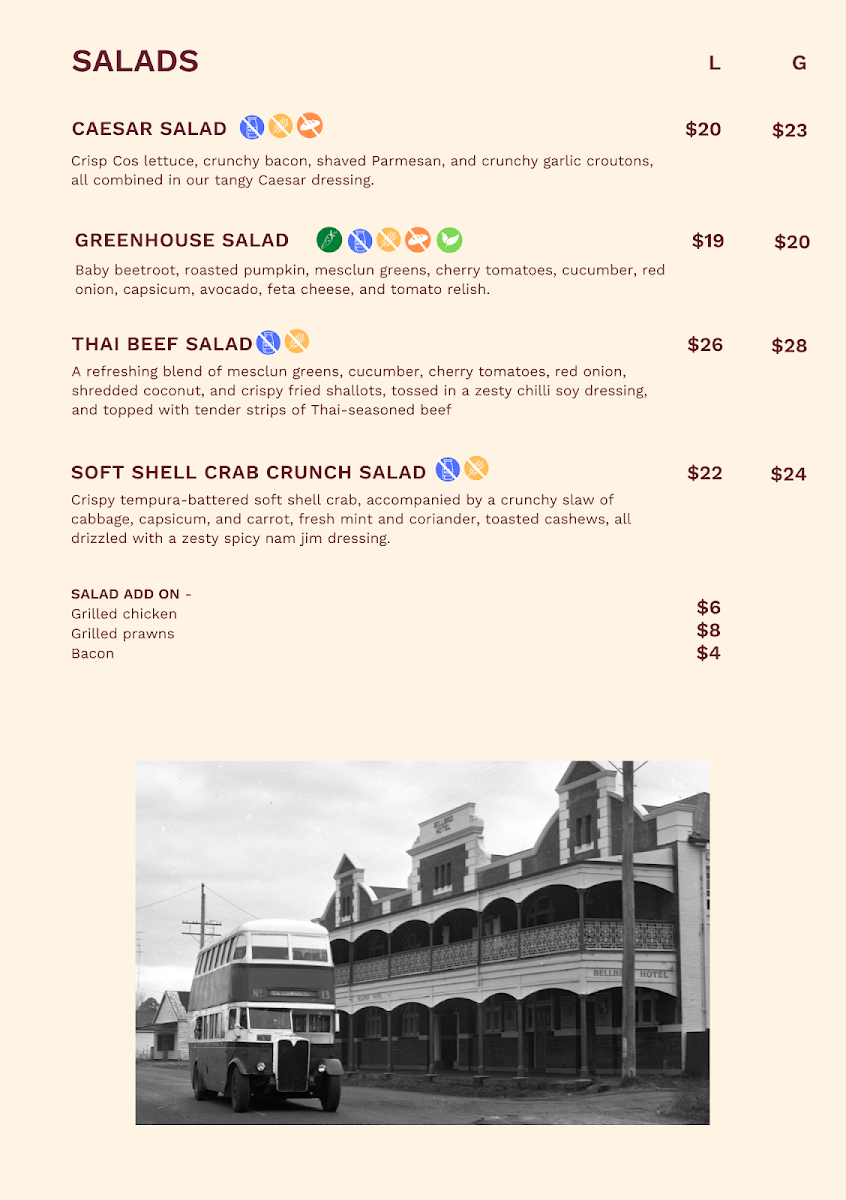 Menu, Bellbird Hotel