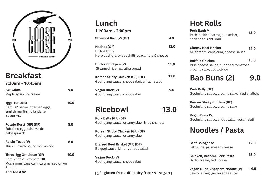 Menu, Loose Goose Newnham