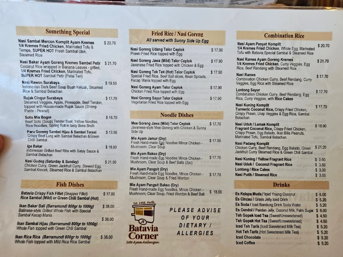 Menu, Batavia Corner