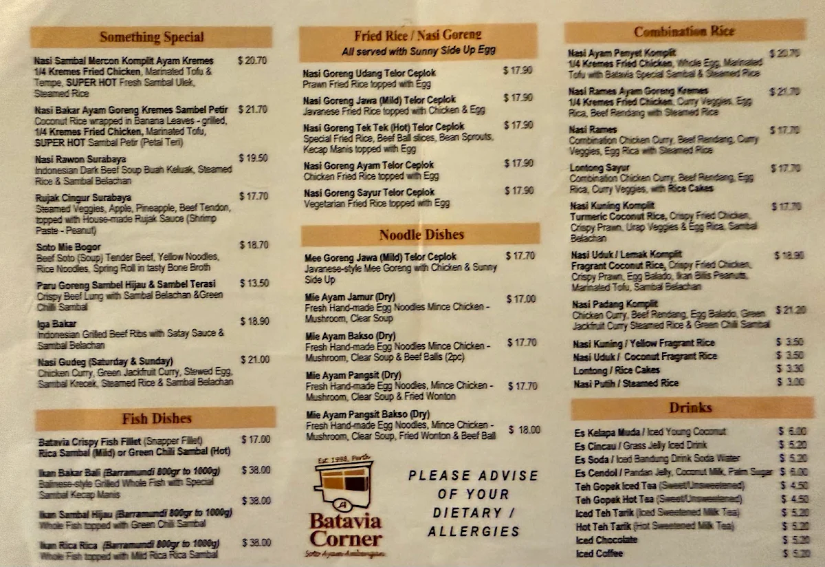 Menu, Batavia Corner