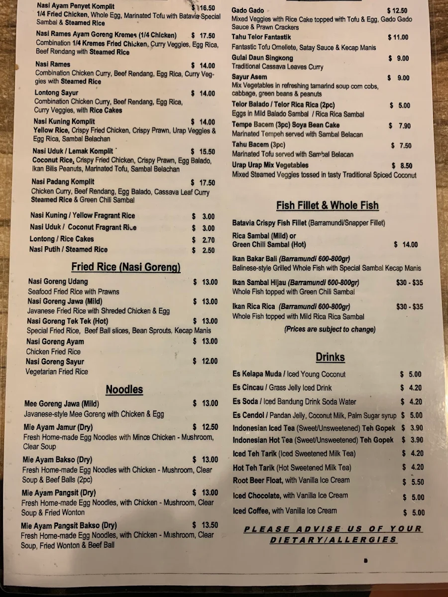 Menu, Batavia Corner