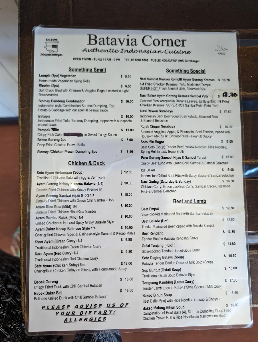 Menu, Batavia Corner