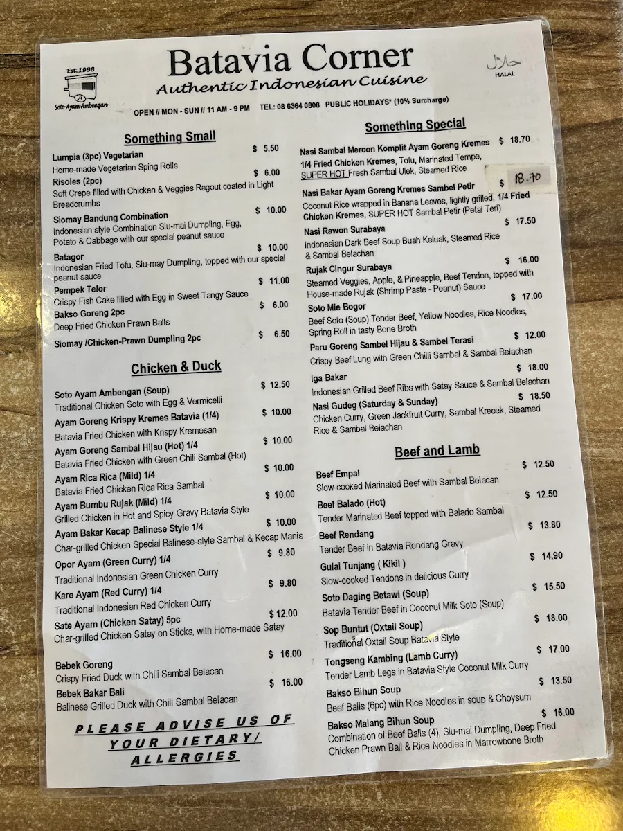 Menu, Batavia Corner