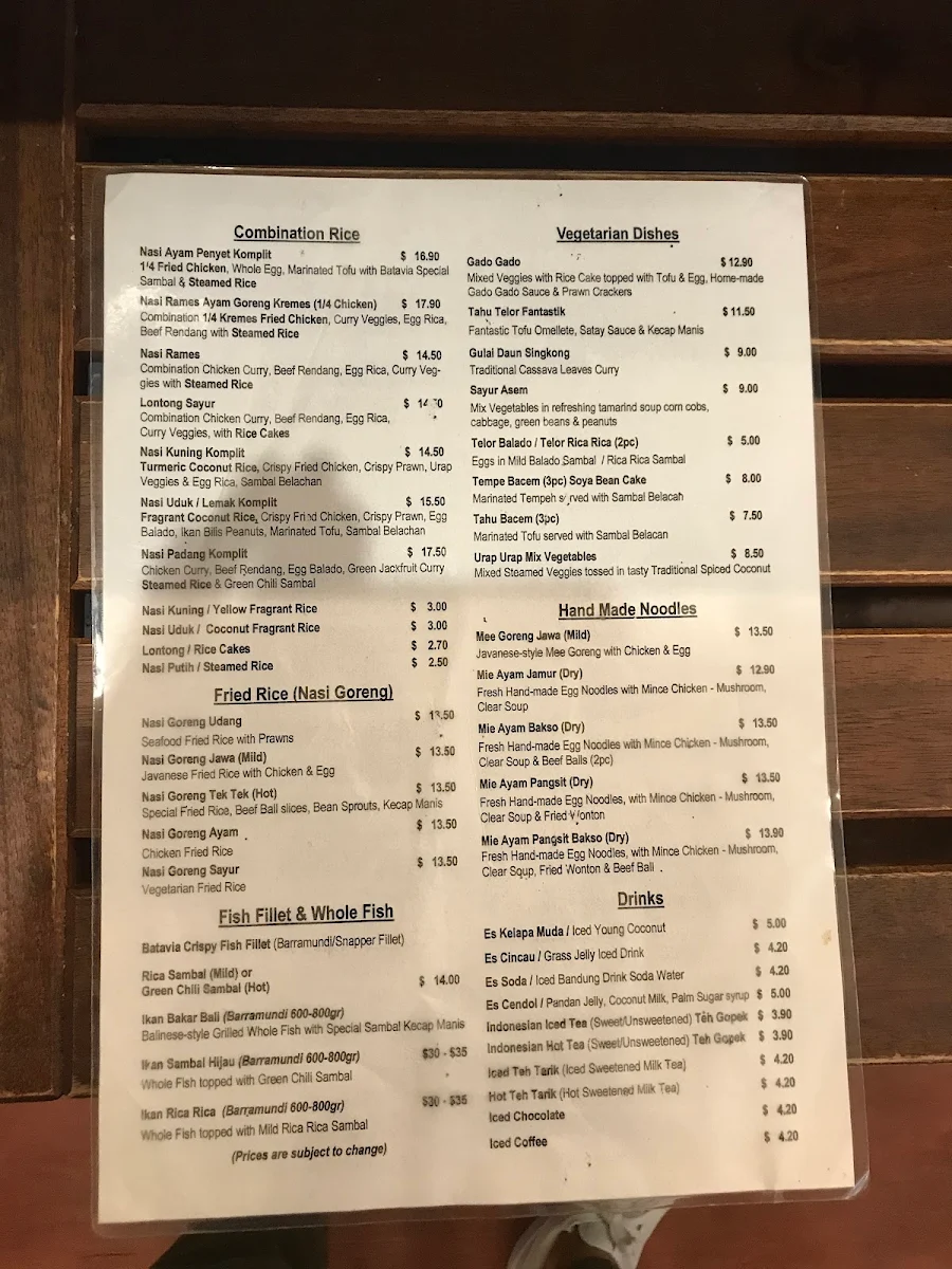 Menu, Batavia Corner