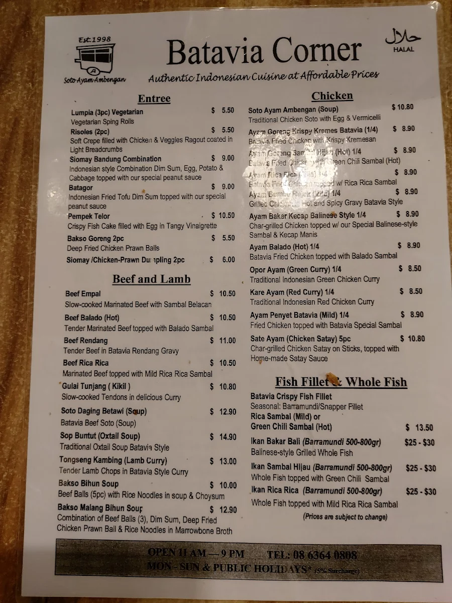 Menu, Batavia Corner