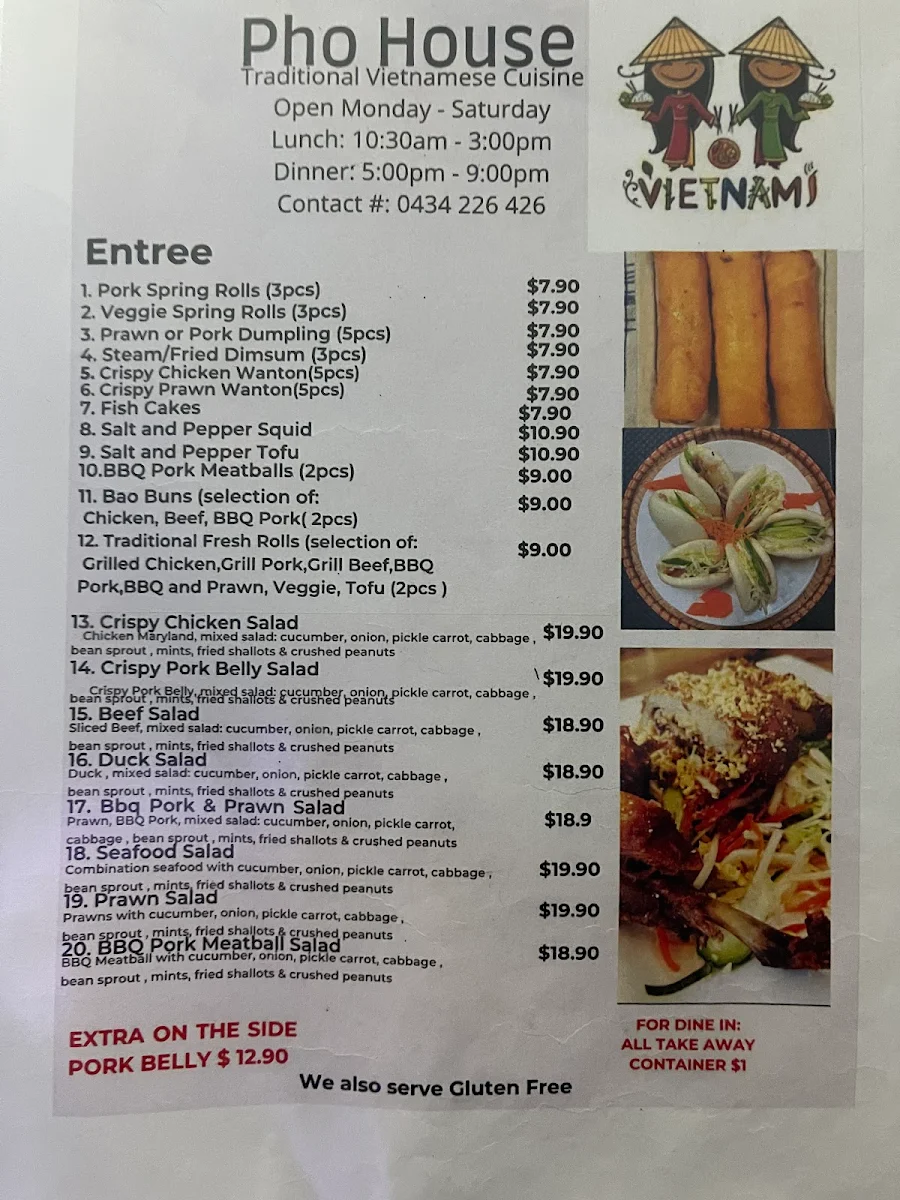 Menu, Pho house traditional Vietnamese food