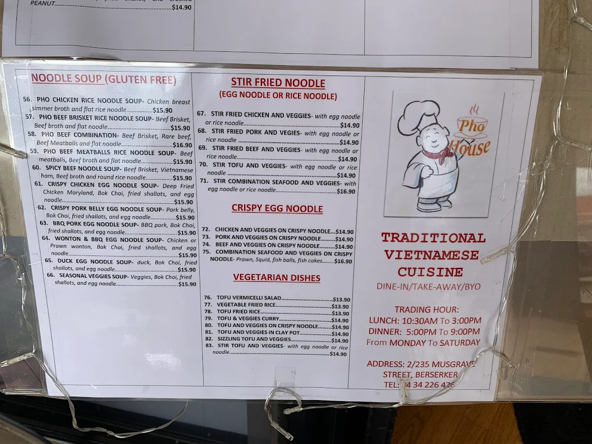 Menu, Pho house traditional Vietnamese food
