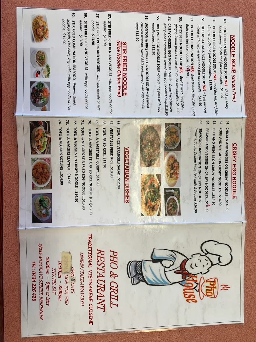 Menu, Pho house traditional Vietnamese food