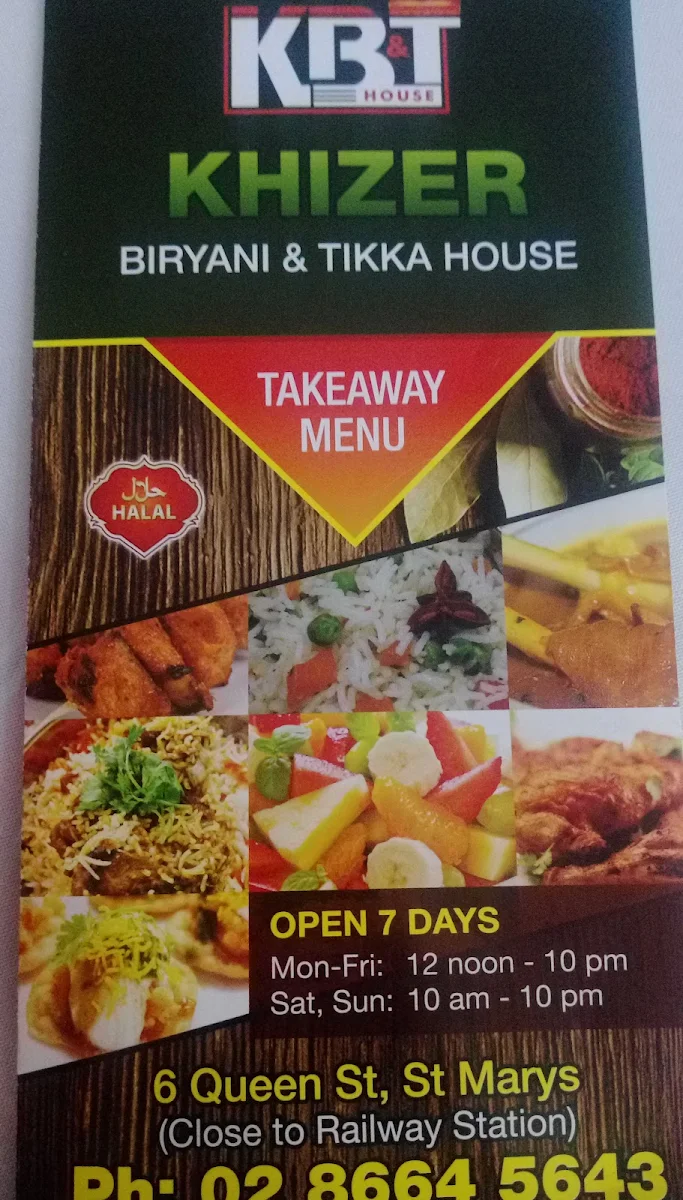 Menu, Khizer Biriyani Tikka House