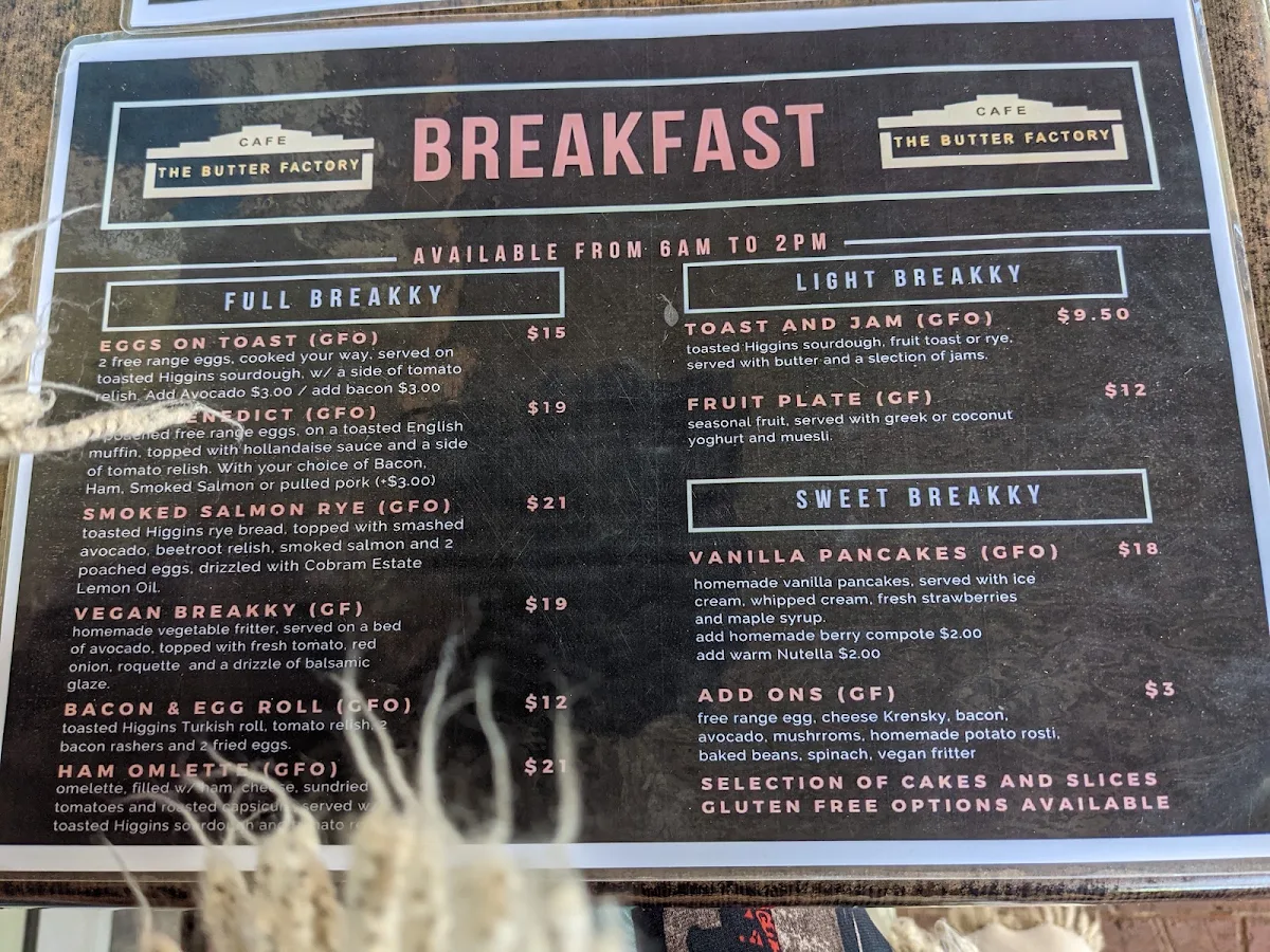 Menu, The Butter Factory Cafe