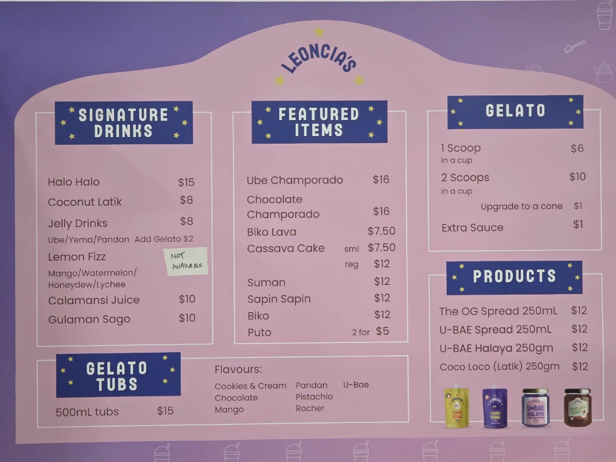 Menu, Leoncia's Filipino Desserts & Yema