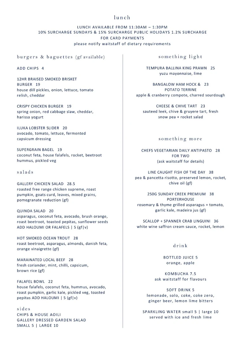 Menu, The Gallery Cafe