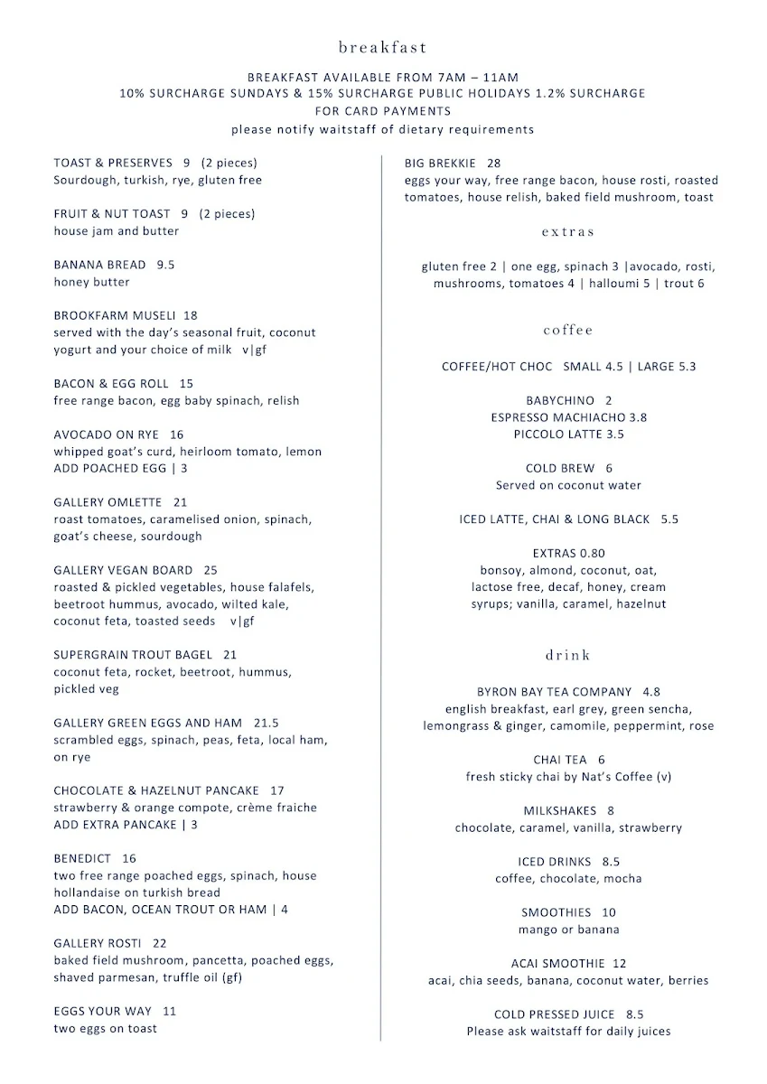 Menu, The Gallery Cafe
