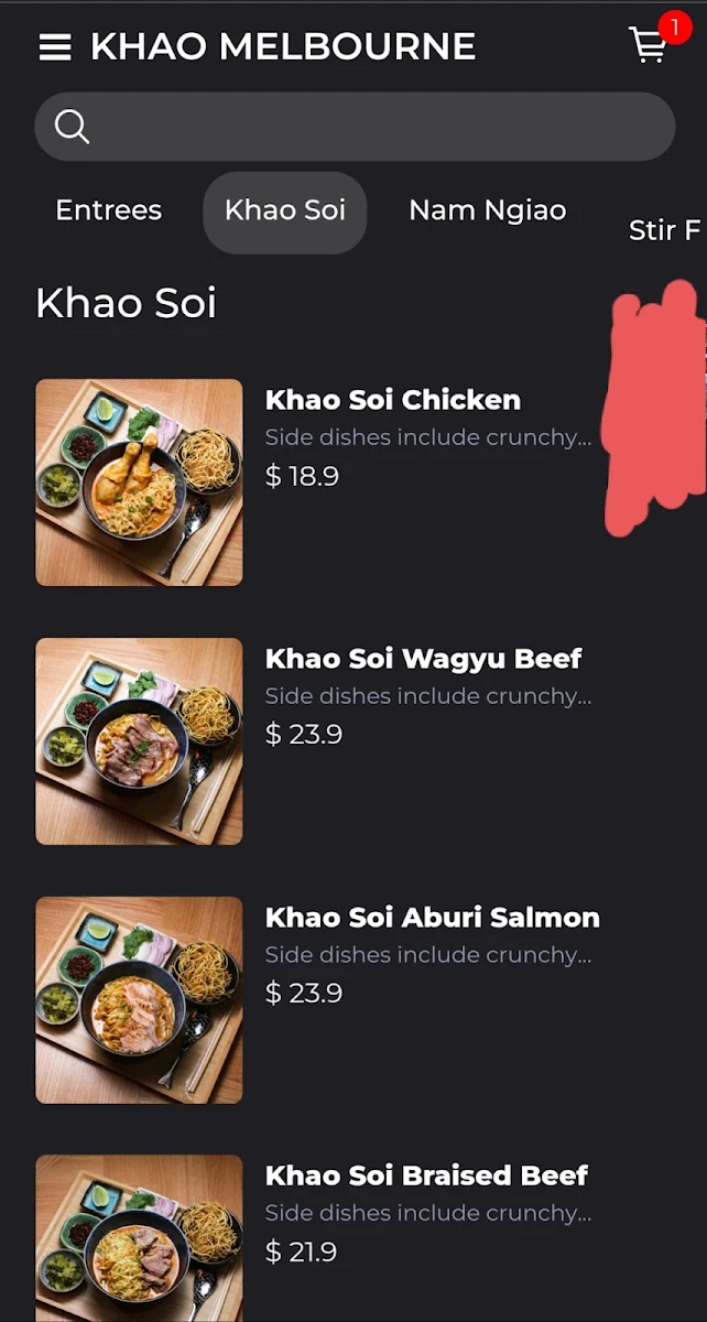 Menu, Khao Melbourne