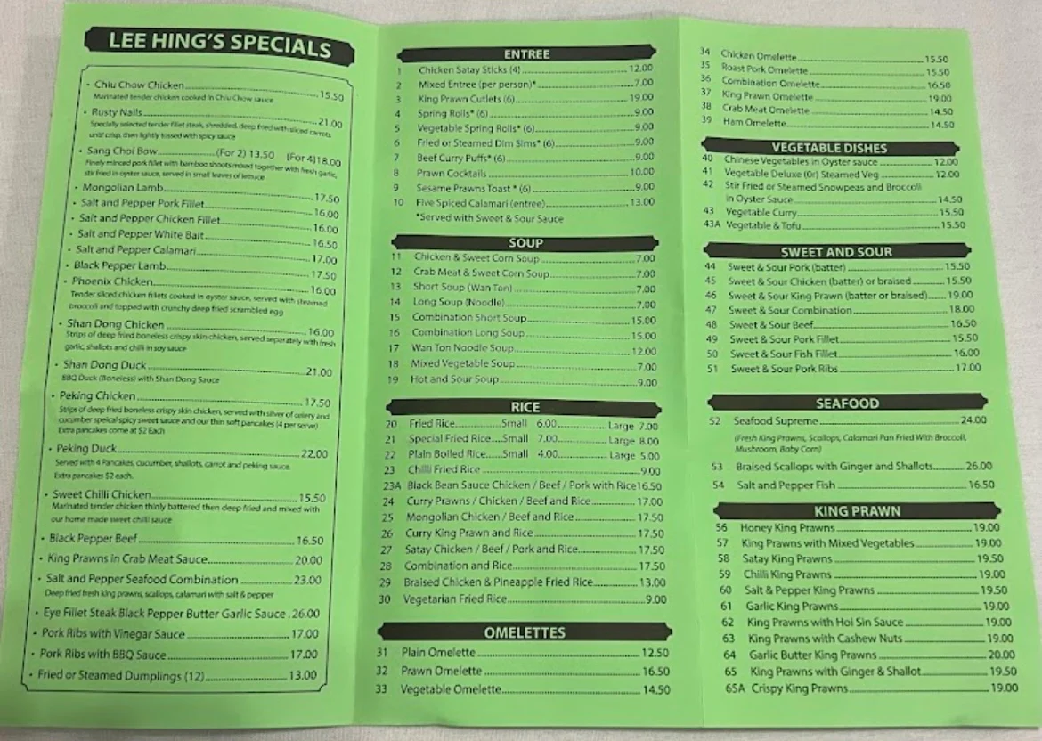 Menu, Lee Hing Chinese Restaurant