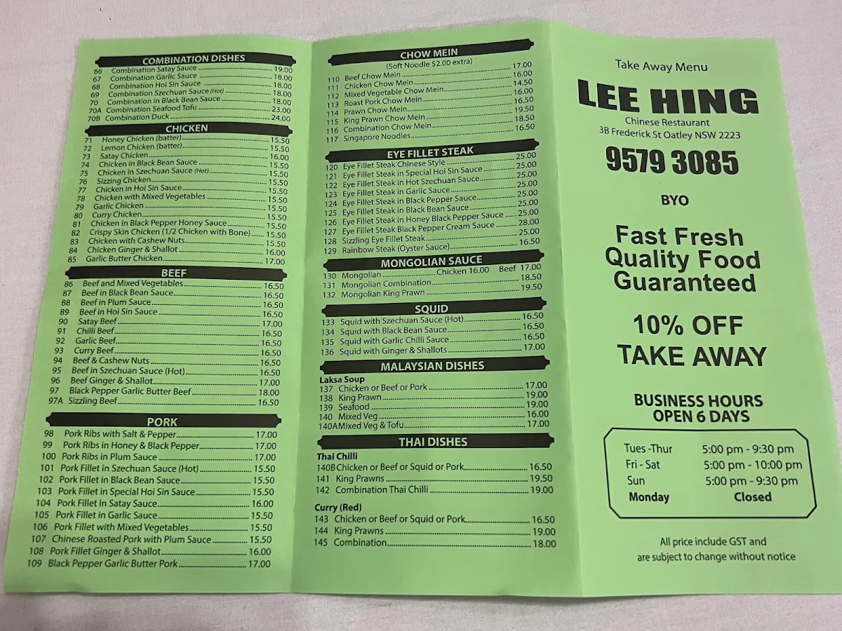 Menu, Lee Hing Chinese Restaurant