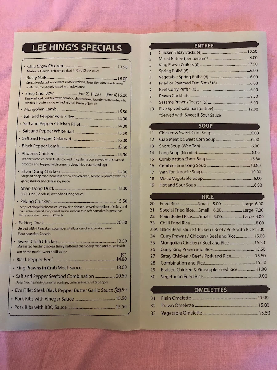 Menu, Lee Hing Chinese Restaurant